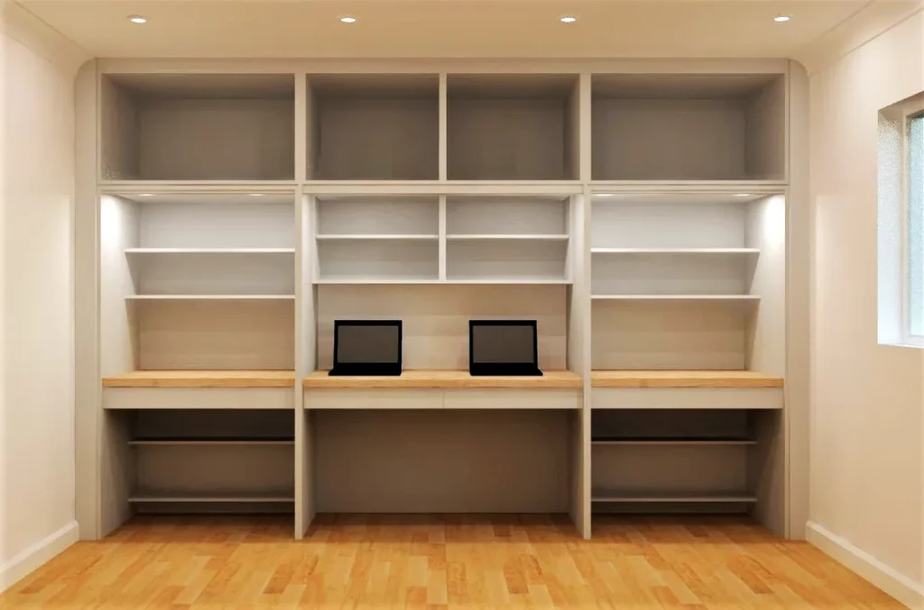 Fitted bespoke storage units and workspace.