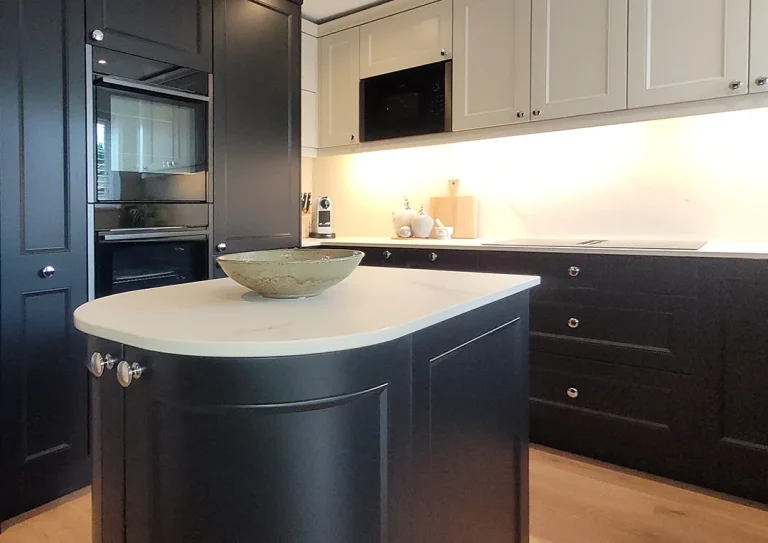 Two tone modern shaker kitchen units with built in appliances