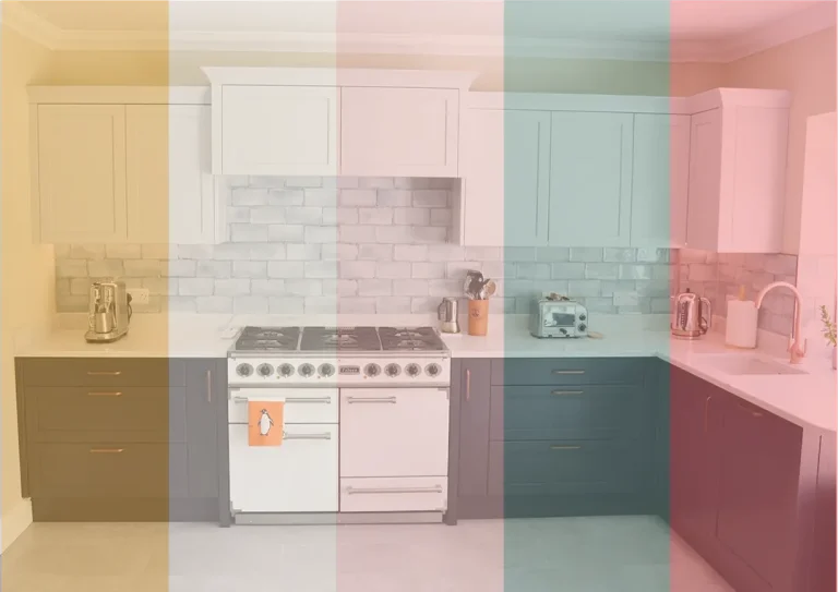 A duel tone kitchen with a colour palette faded on top.